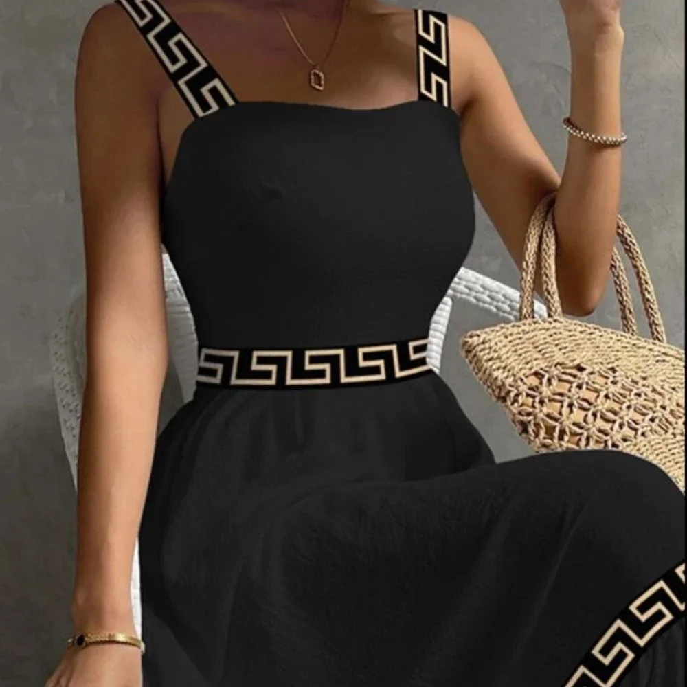 A509-NIB-Chicme BLACK & GOLD Geo Design Sleeveless BLACK Gauze Summer Maxi Dress - Picture 2 of 3